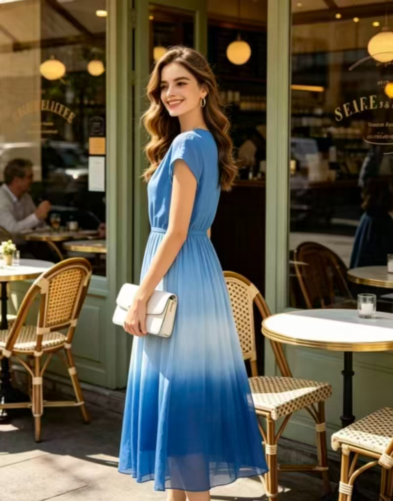 Loose-fitting waist accordion pleated flowing vacation long dress
