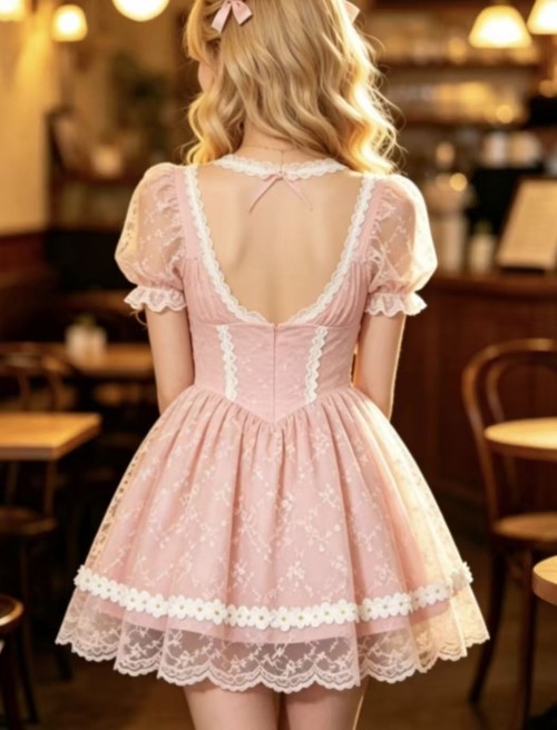 Romantic two-tone blush satin mini dress with sheer lace sleeves
