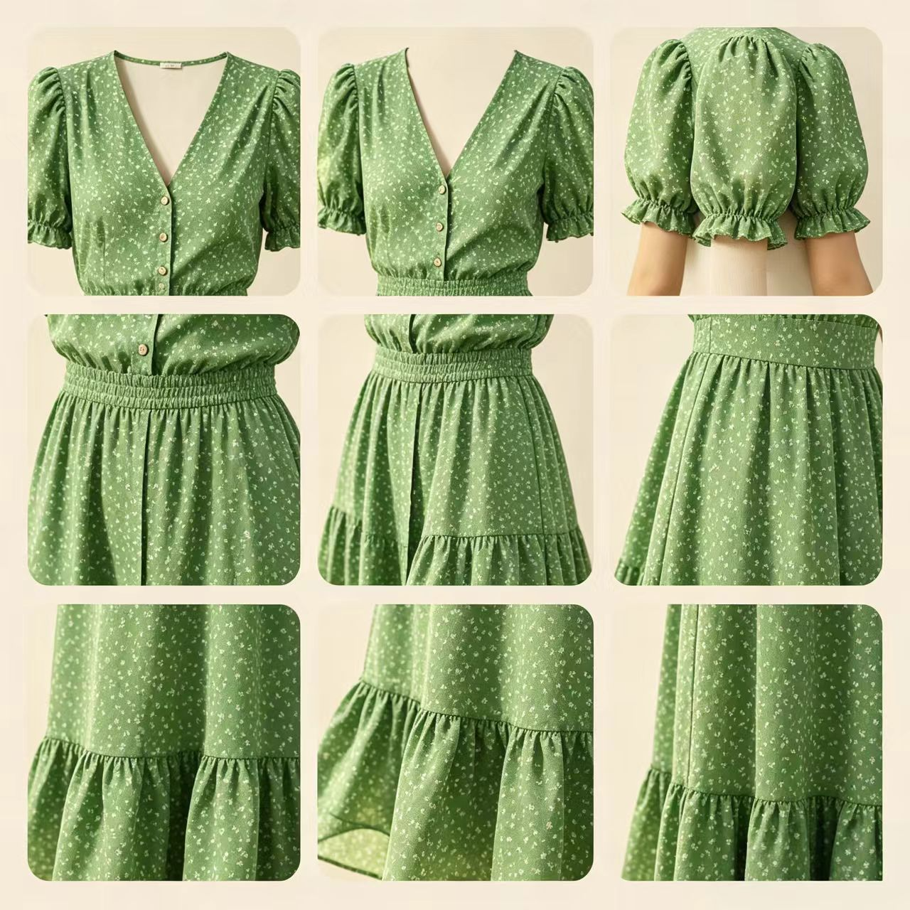 French green floral print dress for women, summer V-neck puff sleeves, waist-cinching chiffon mid-length dress with a v