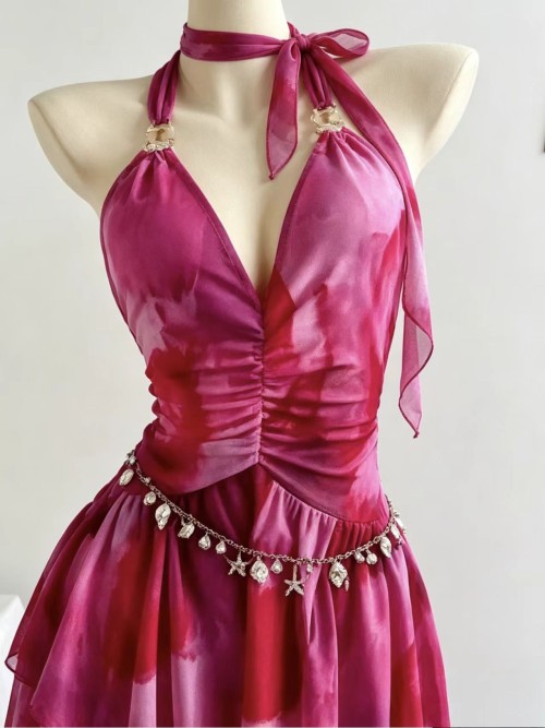 Magenta tie-dye draped irregularly layered flowing skirt with collar