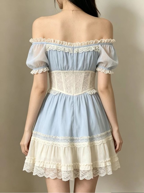 Vintage Romantic Blue & White Lace Corset Off-Shoulder Mini Dress