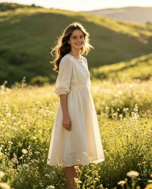 Cream Linen Midi Dress, Round Neck Puff 3/4 Sleeve Lace Trim Flowy Prairie Dress
