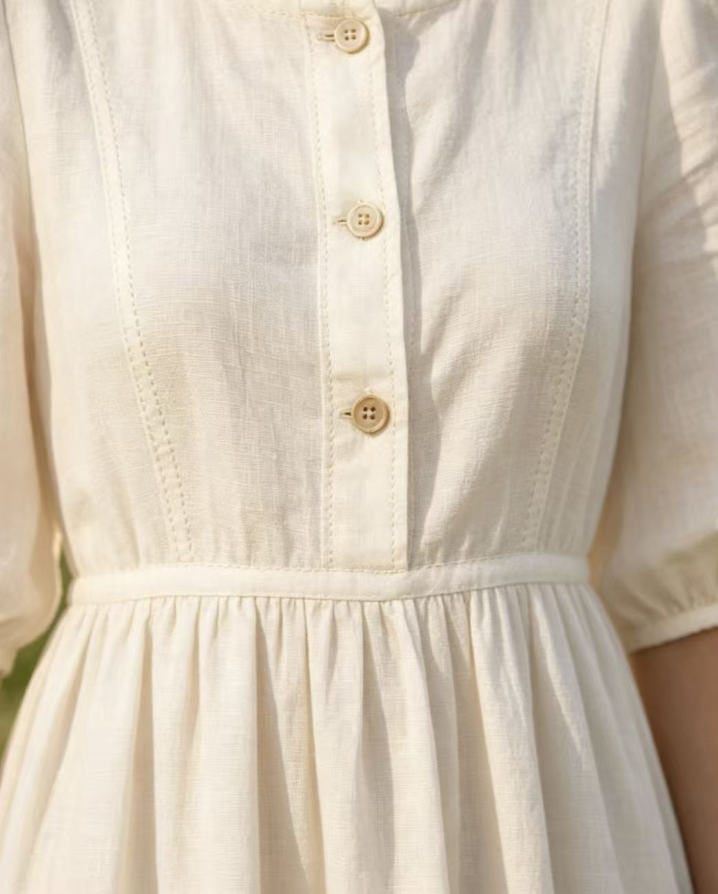 Cream Linen Midi Dress, Round Neck Puff 3/4 Sleeve Lace Trim Flowy Prairie Dress