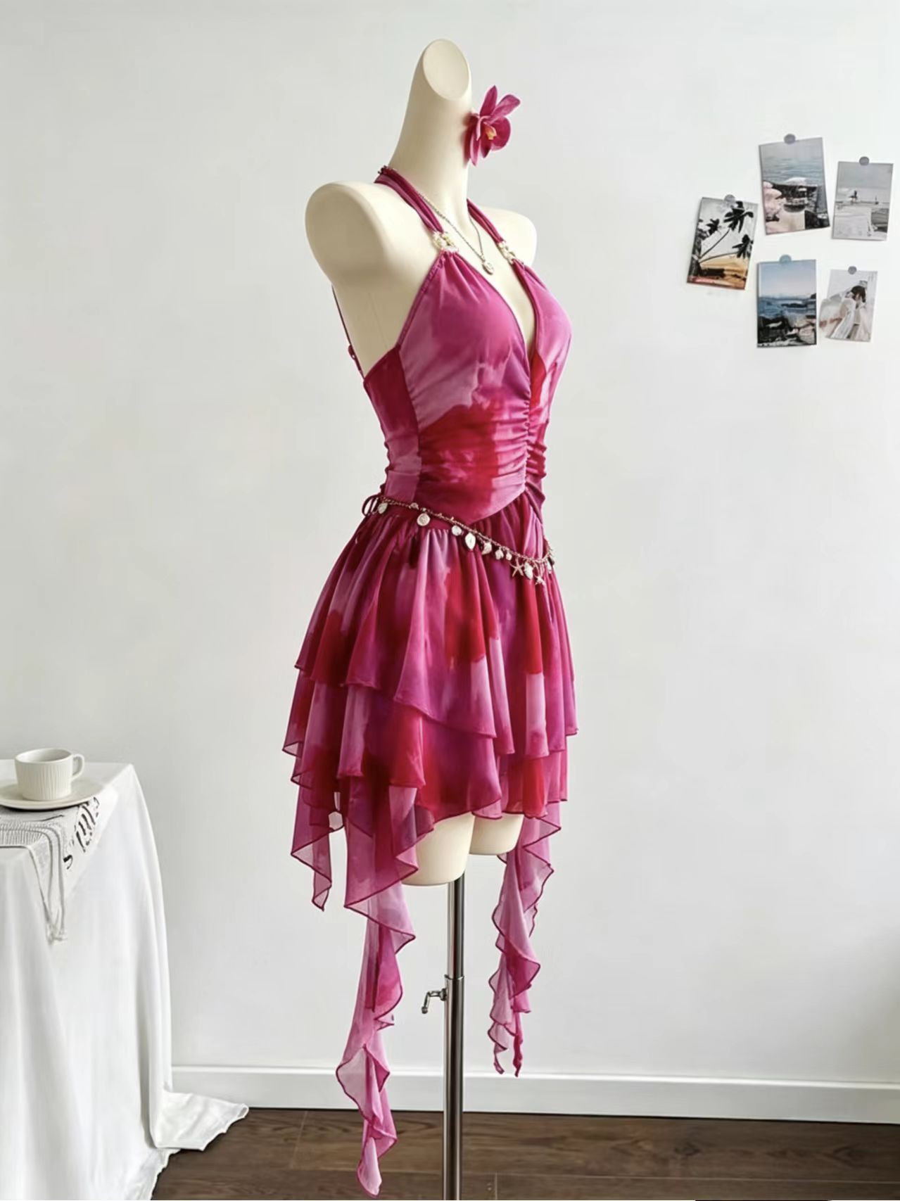 Magenta tie-dye draped irregularly layered flowing skirt with collar