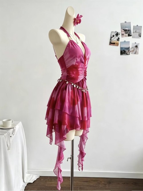 Magenta tie-dye draped irregularly layered flowing skirt with collar