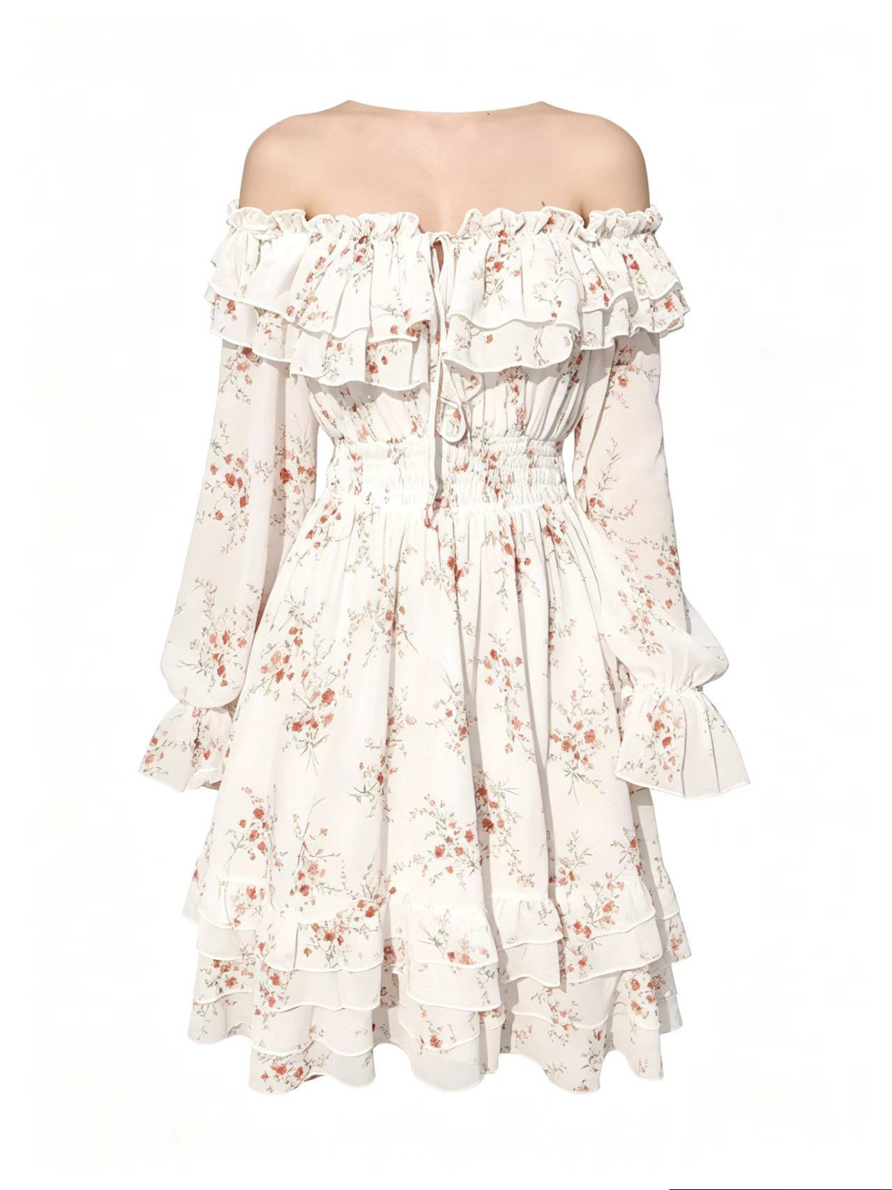 French-style gentle style one-shoulder floral dress for women in spring and summer, with a fitted waist for slimming ef