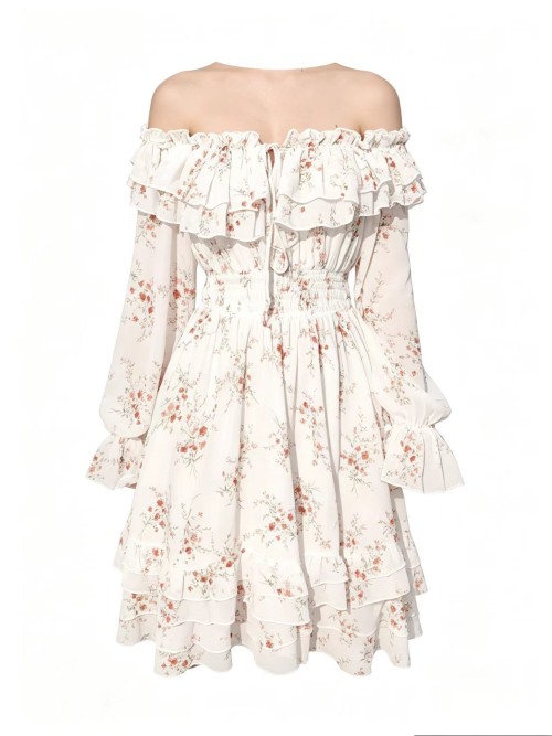 French-style gentle style one-shoulder floral dress for women in spring and summer, with a fitted waist for slimming ef
