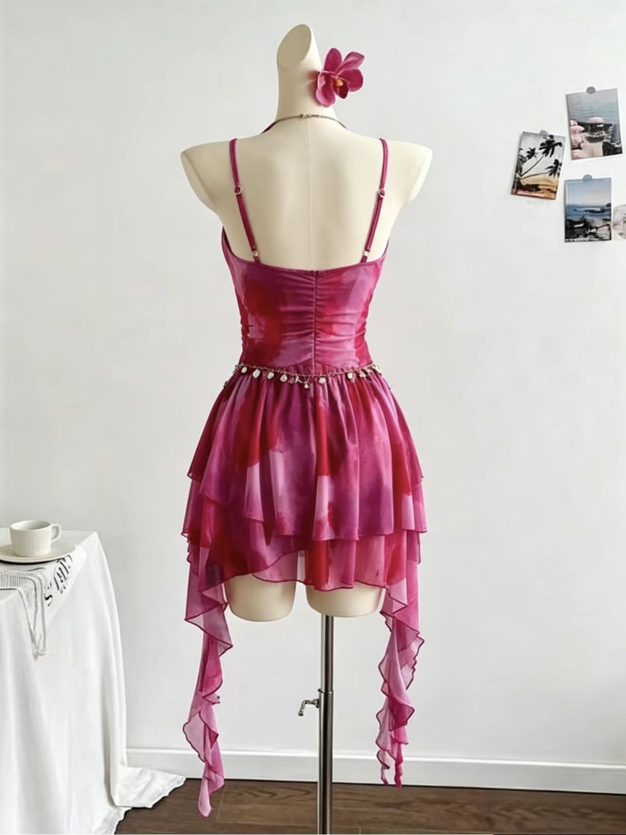Magenta tie-dye draped irregularly layered flowing skirt with collar