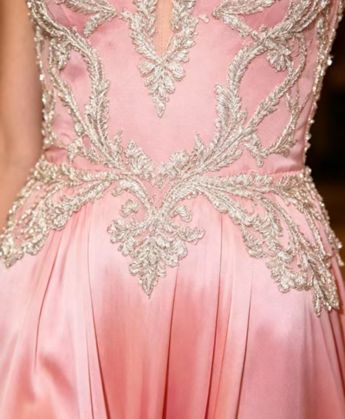Pink Ombre satin evening gown with spaghetti straps and lace beading details