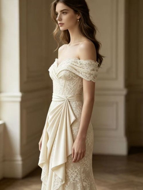 High-end cream-white French-style wedding dress - figure-hugging V-neck one-shoulder lace evening wedding and engagemen