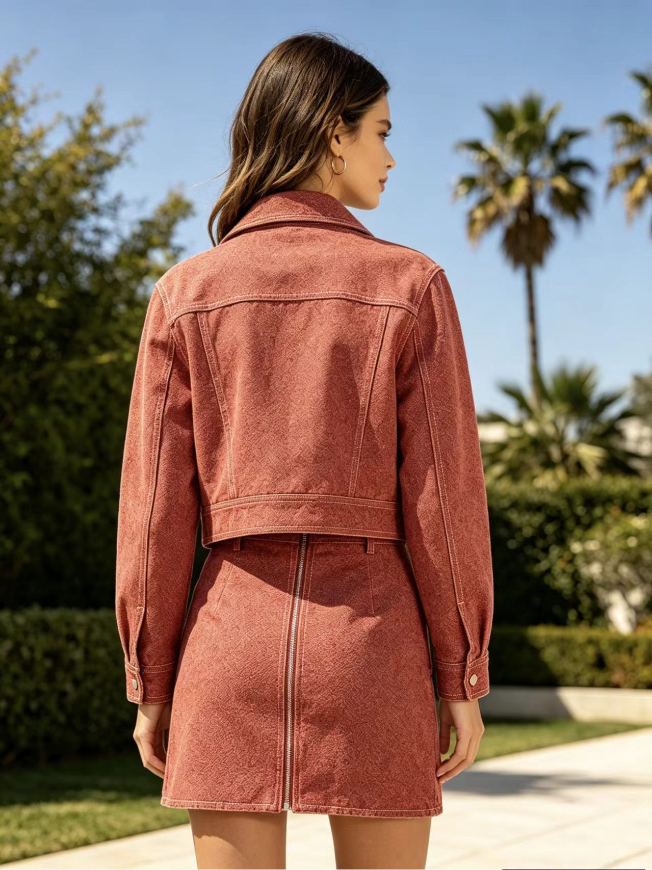 Red Cropped Jacket & Skirt 3-Piece Set
