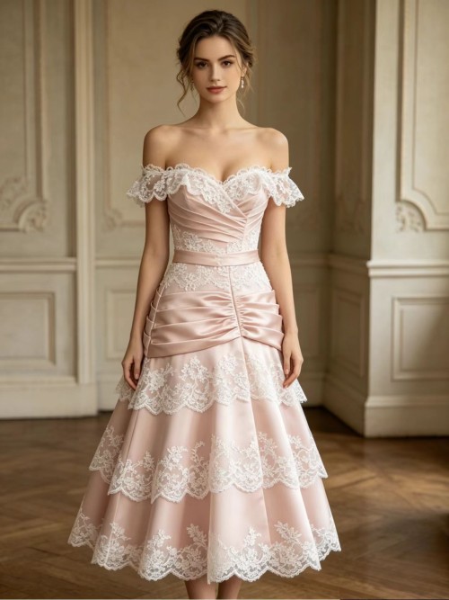 Vintage French Blush Pink Satin Lace Off-Shoulder Tea Length Dress
