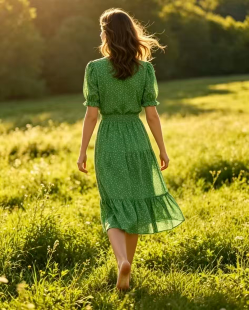 French green floral print dress for women, summer V-neck puff sleeves, waist-cinching chiffon mid-length dress with a v