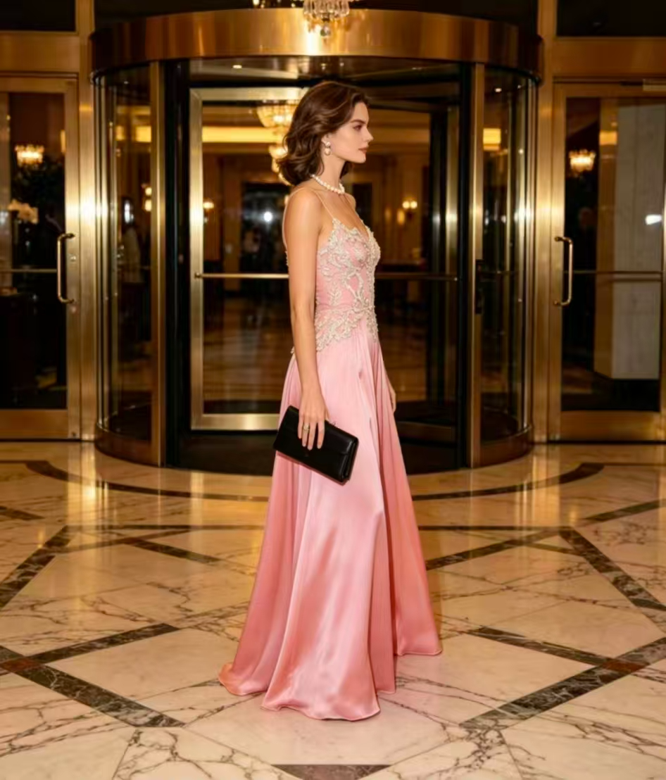 Pink Ombre satin evening gown with spaghetti straps and lace beading details