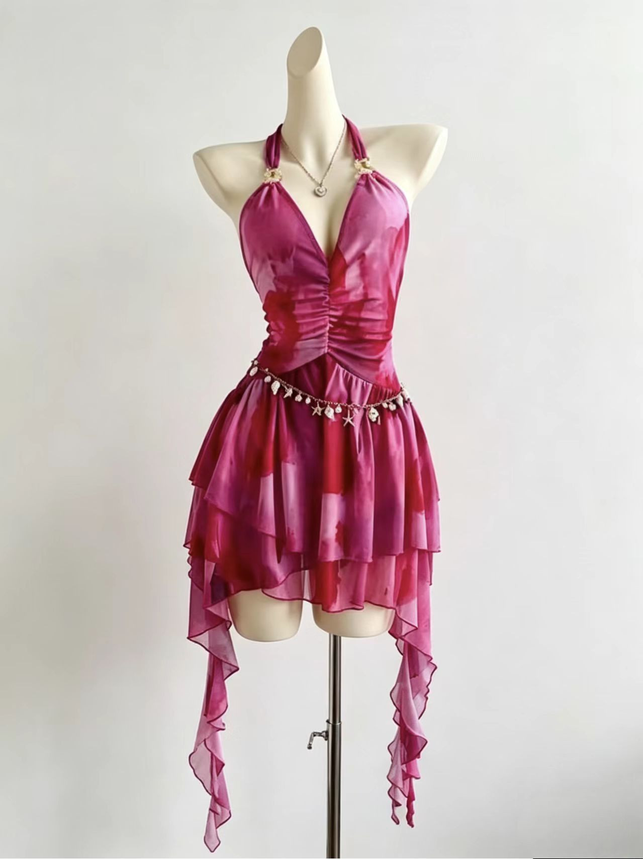 Magenta tie-dye draped irregularly layered flowing skirt with collar