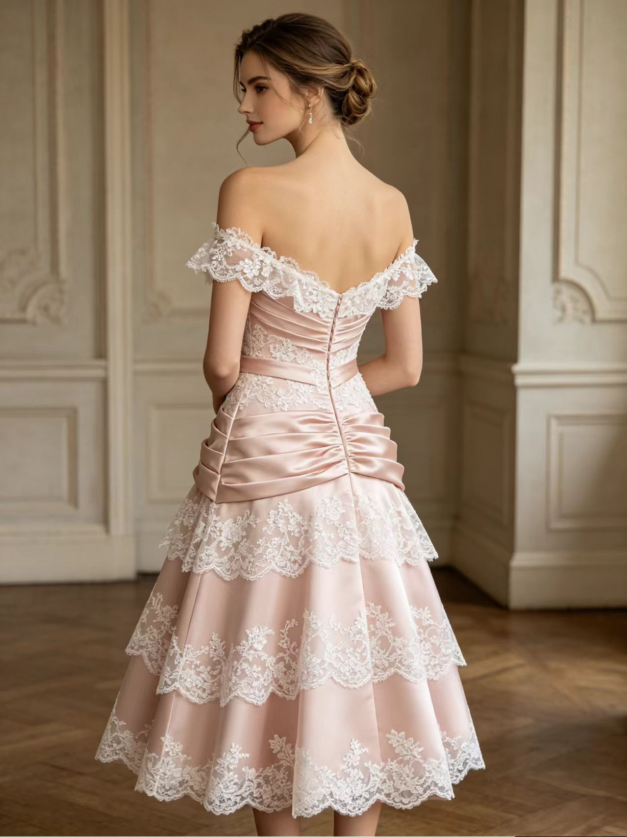 Vintage French Blush Pink Satin Lace Off-Shoulder Tea Length Dress