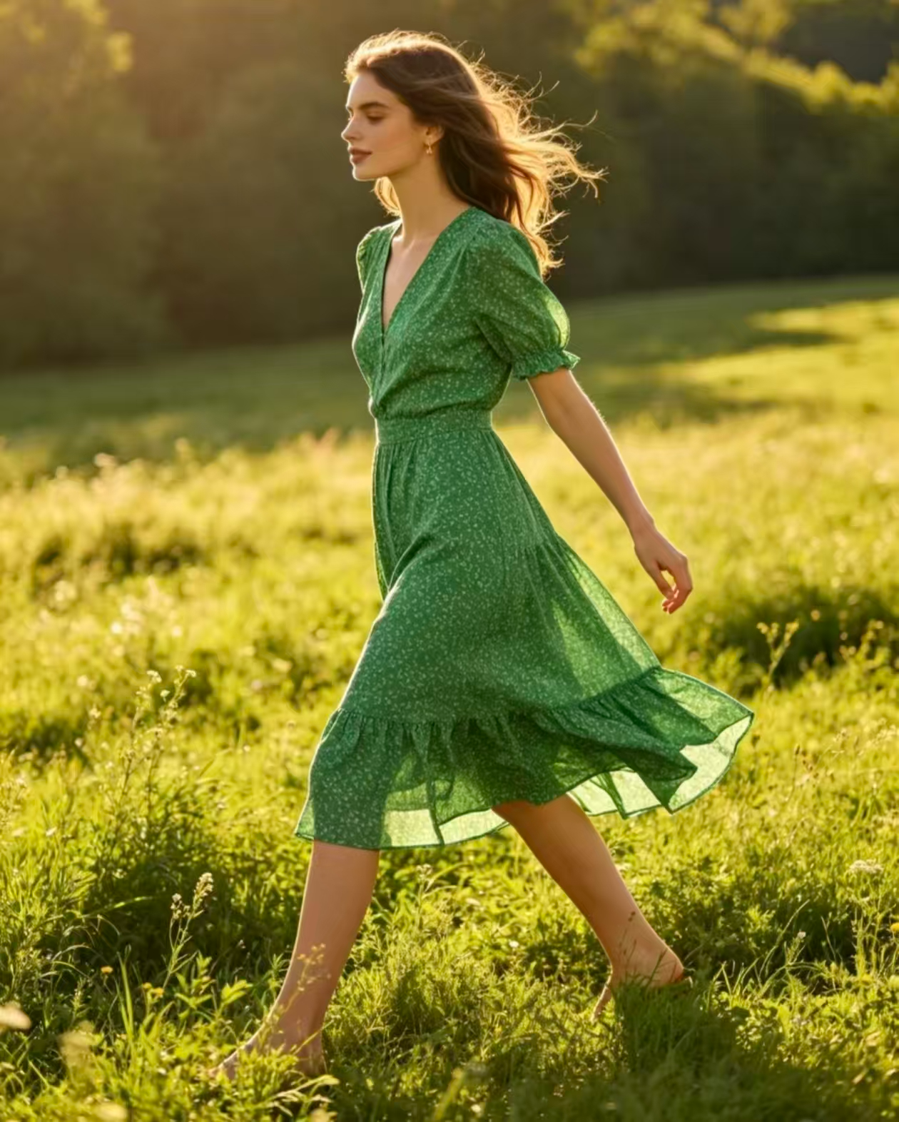 French green floral print dress for women, summer V-neck puff sleeves, waist-cinching chiffon mid-length dress with a v