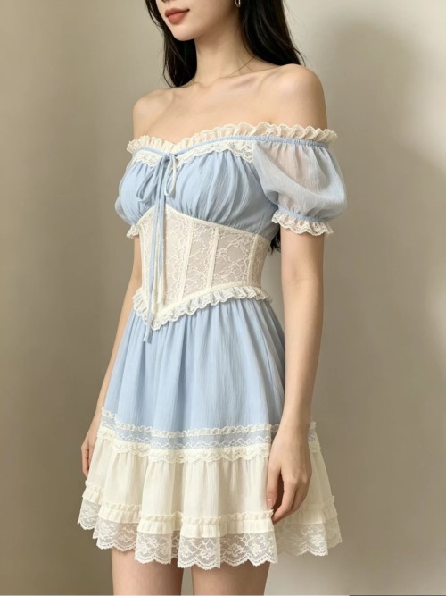 Vintage Romantic Blue & White Lace Corset Off-Shoulder Mini Dress