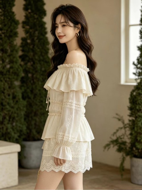 Off Shoulder Lace Embroidered Two-Piece Set, Boho Ruffle Long Sleeve Top & High Waist Shorts, Cottagecore Outfit