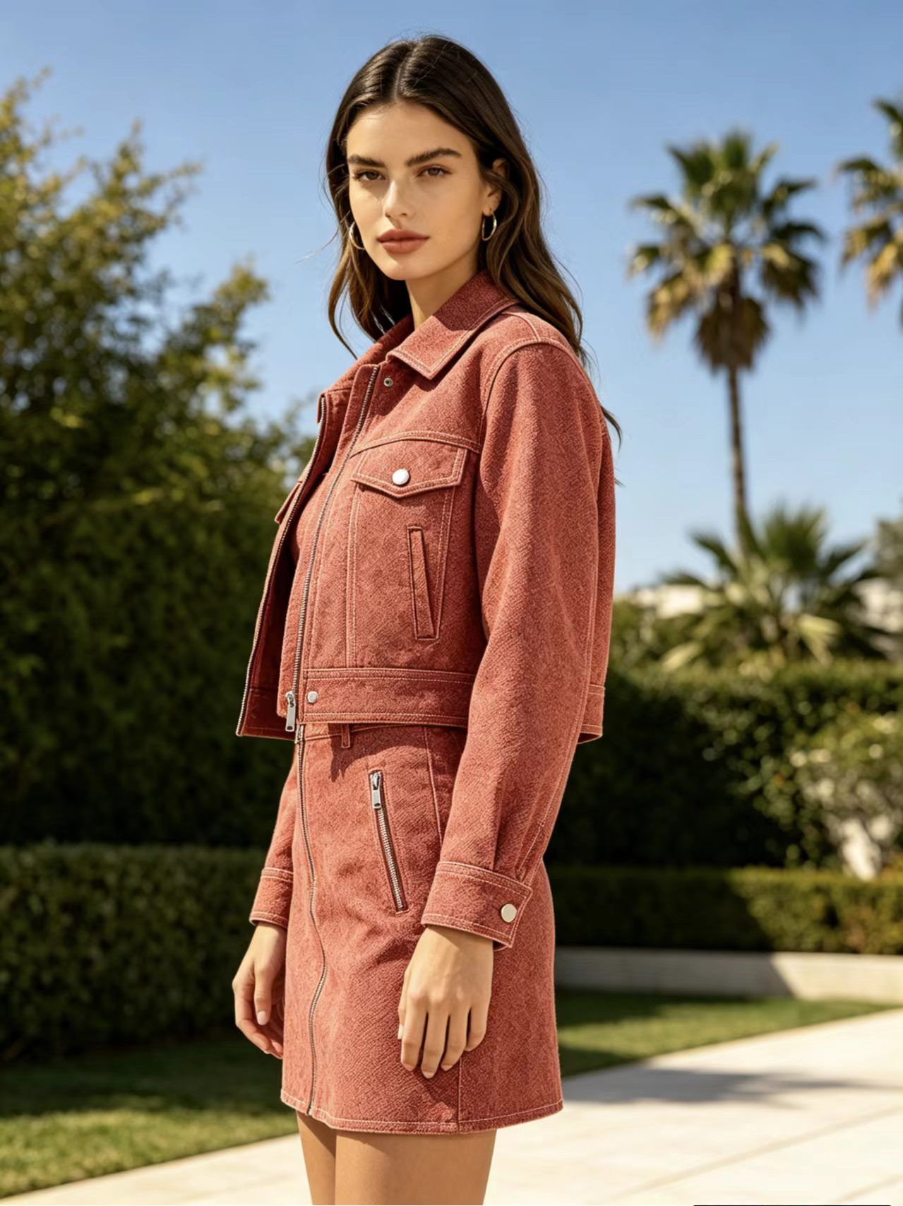 Red Cropped Jacket & Skirt 3-Piece Set