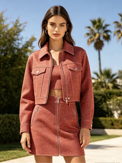 Red Cropped Jacket & Skirt 3-Piece Set