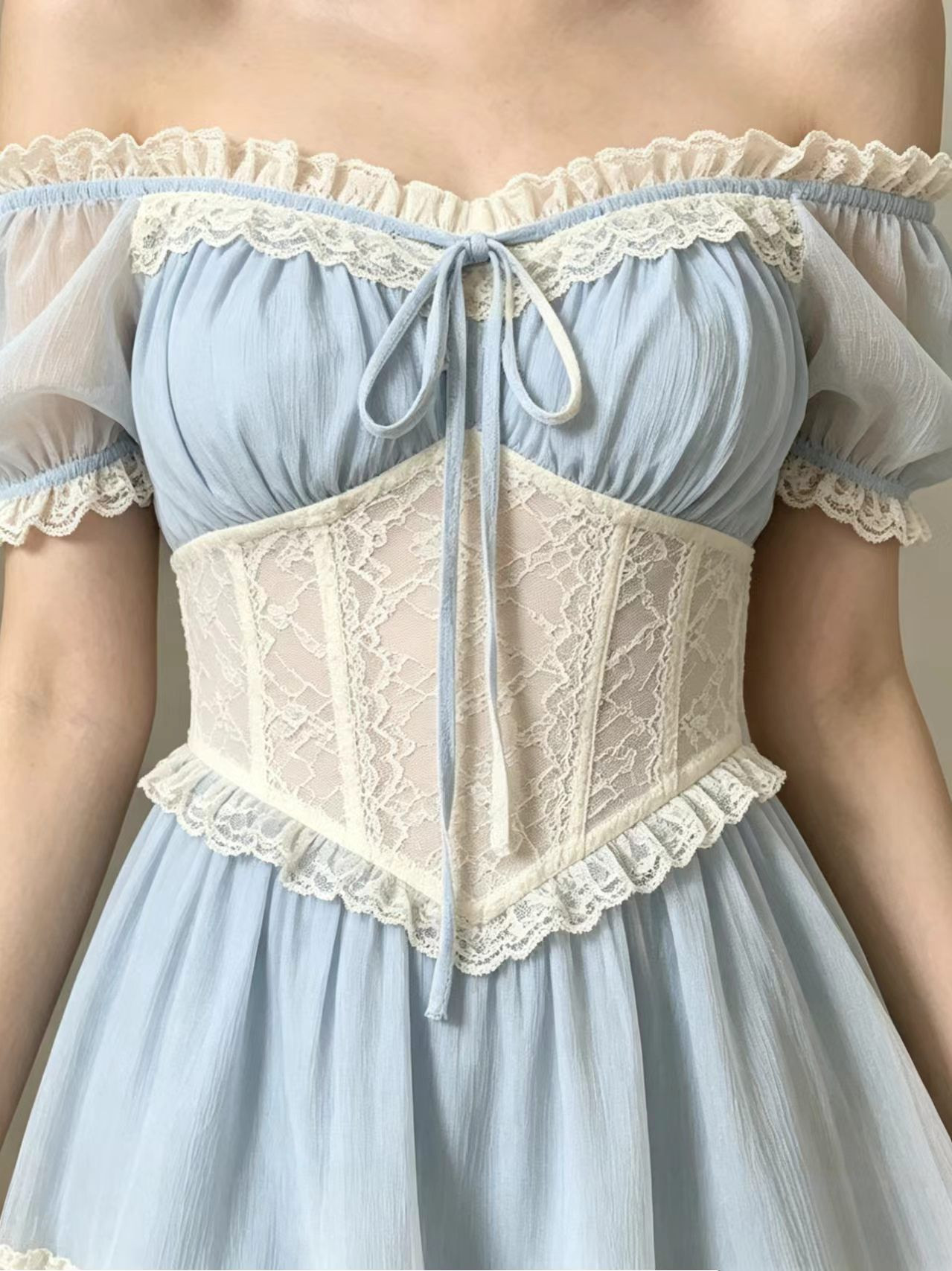 Vintage Romantic Blue & White Lace Corset Off-Shoulder Mini Dress
