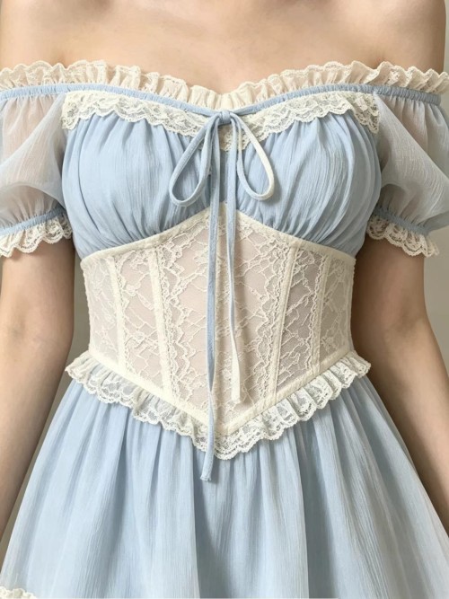 Vintage Romantic Blue & White Lace Corset Off-Shoulder Mini Dress
