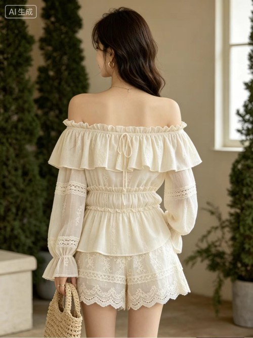 Off Shoulder Lace Embroidered Two-Piece Set, Boho Ruffle Long Sleeve Top & High Waist Shorts, Cottagecore Outfit