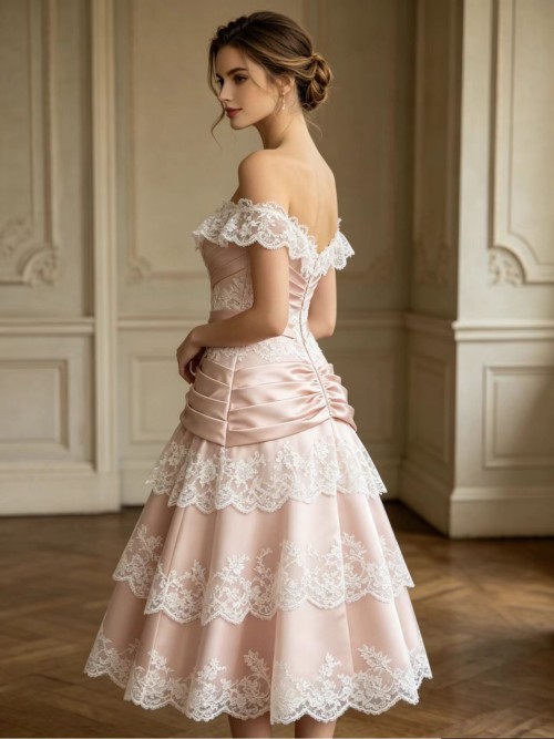 Vintage French Blush Pink Satin Lace Off-Shoulder Tea Length Dress