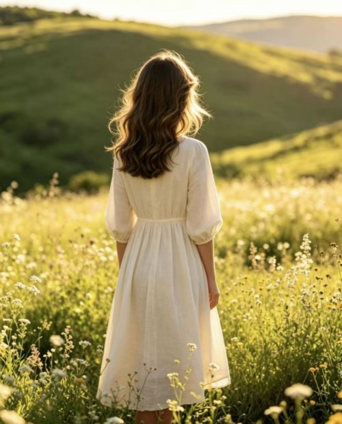 Cream Linen Midi Dress, Round Neck Puff 3/4 Sleeve Lace Trim Flowy Prairie Dress