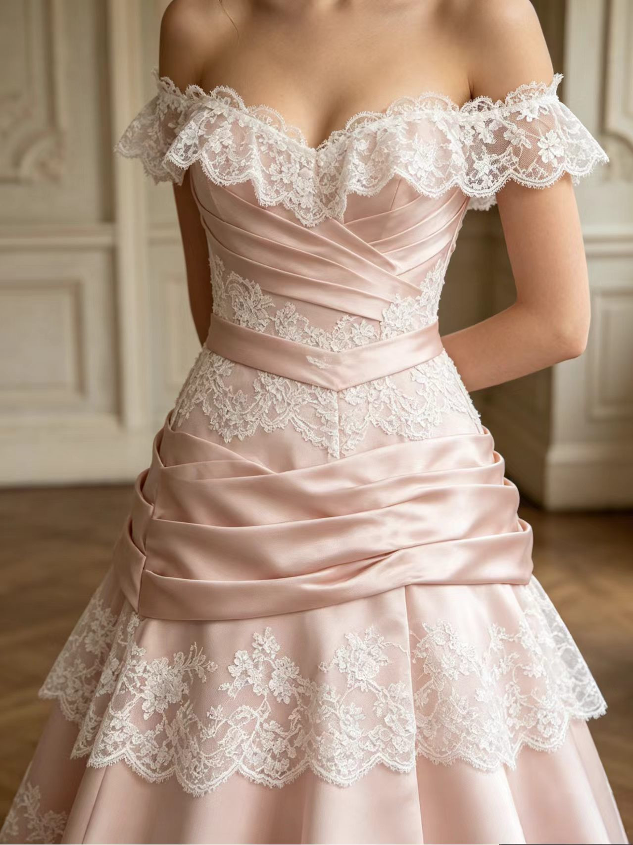 Vintage French Blush Pink Satin Lace Off-Shoulder Tea Length Dress