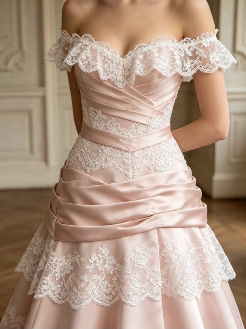 Vintage French Blush Pink Satin Lace Off-Shoulder Tea Length Dress