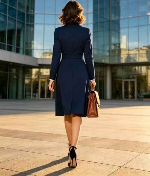 Navy Blue Waist-cinched Blazer Midi Dress Women Elegant Business Office Work Suit Dress