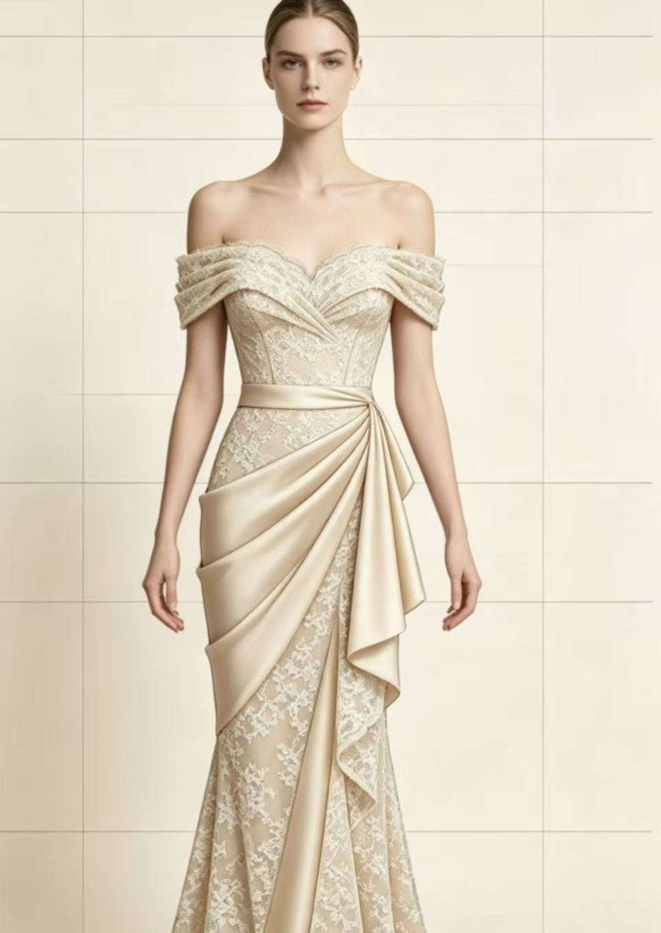 High-end cream-white French-style wedding dress - figure-hugging V-neck one-shoulder lace evening wedding and engagemen