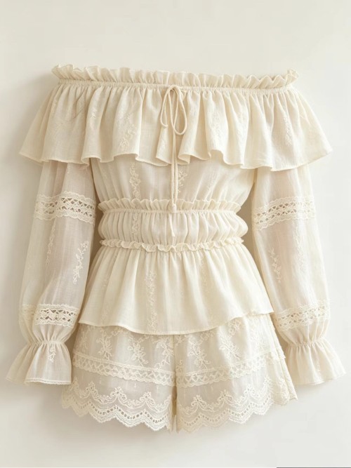 Off Shoulder Lace Embroidered Two-Piece Set, Boho Ruffle Long Sleeve Top & High Waist Shorts, Cottagecore Outfit