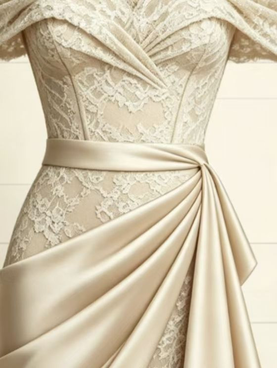 High-end cream-white French-style wedding dress - figure-hugging V-neck one-shoulder lace evening wedding and engagemen